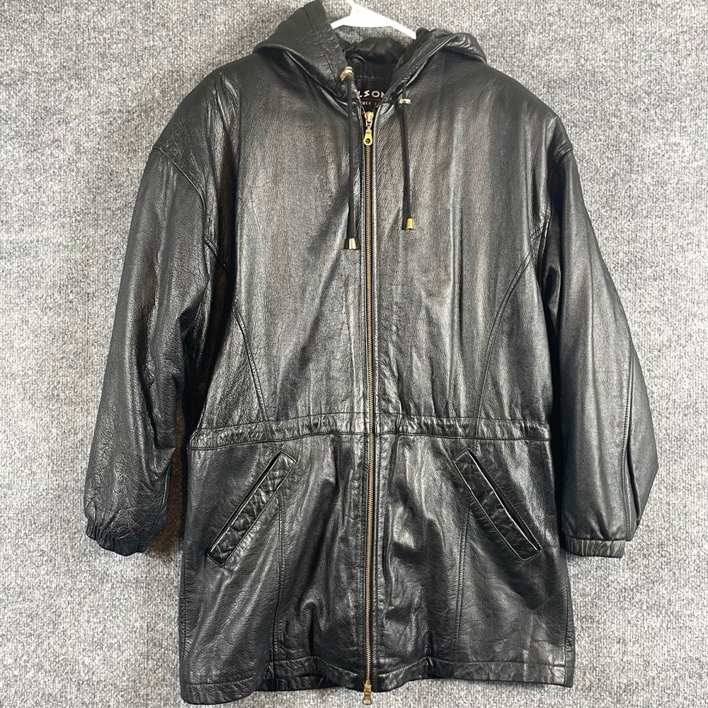 VTG Wilsons Leather Jacket Womens Small Black Hooded Parka Coat Insulated Heavy